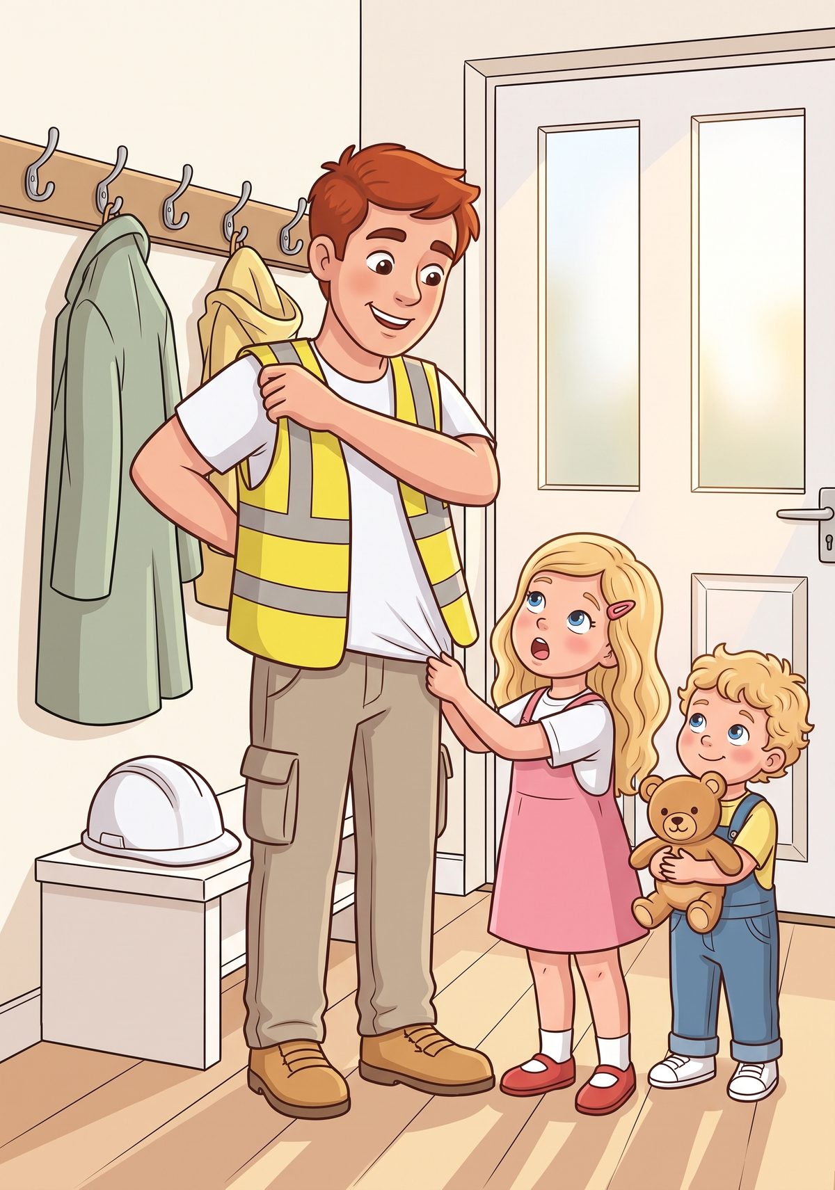 Lea loved asking questions. One sunny morning, as her daddy was getting ready for work, she tugged on his shirt...