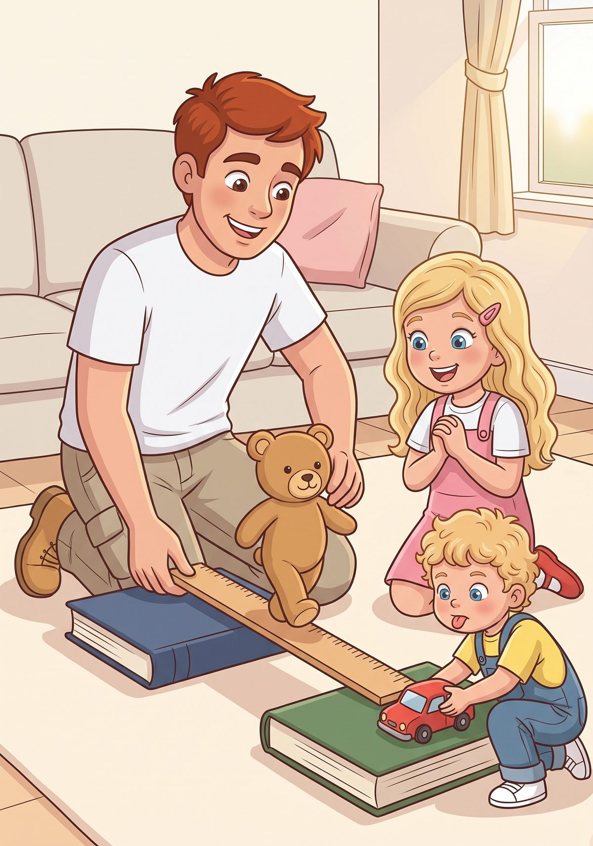 To show her, Daddy built a little bridge out of two books and a ruler, and walked Teddy safely across it. "A bridge has...