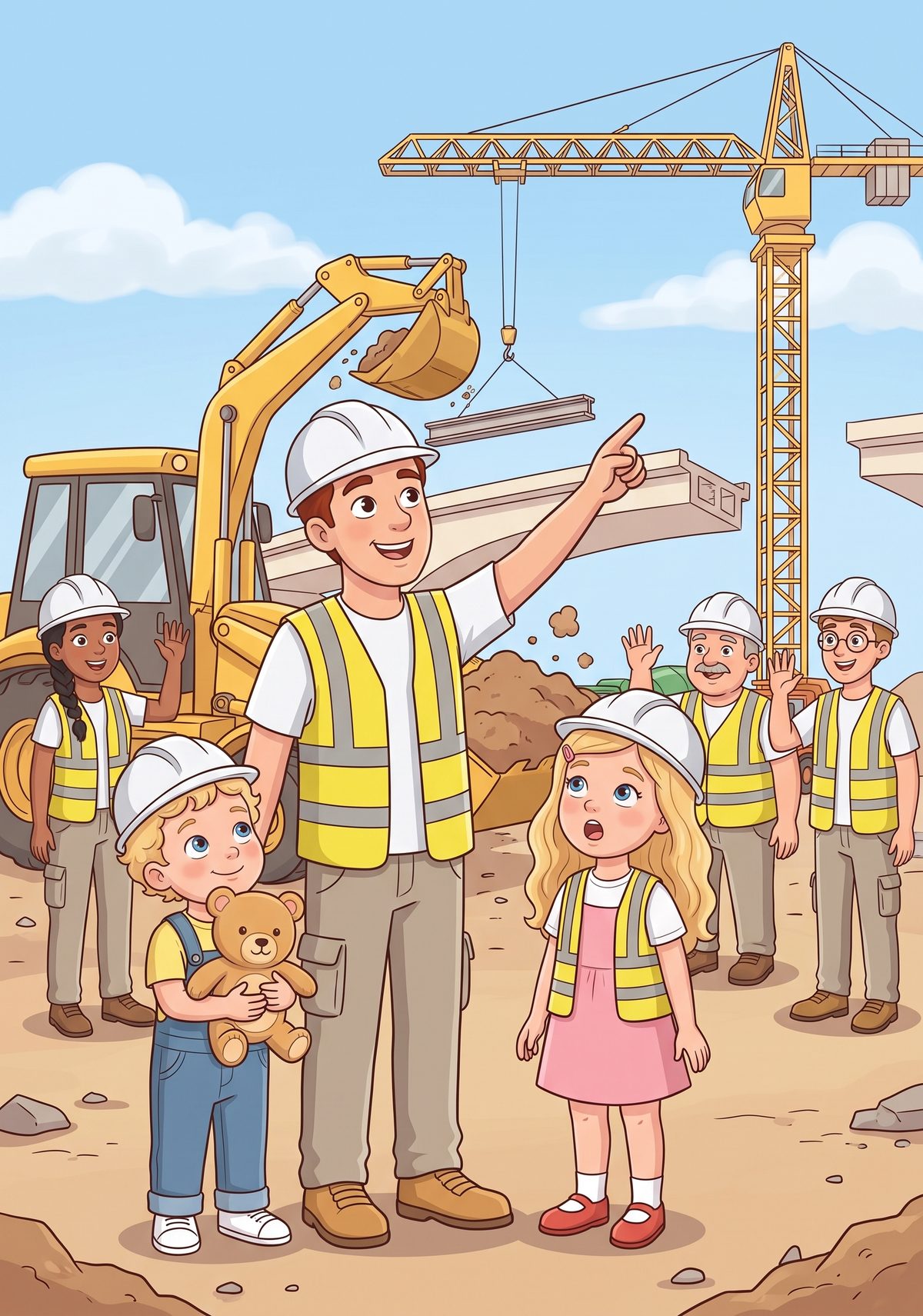 Big machines rumbled all around them. A yellow digger scooped up earth, and a tall crane lifted heavy beams high into...