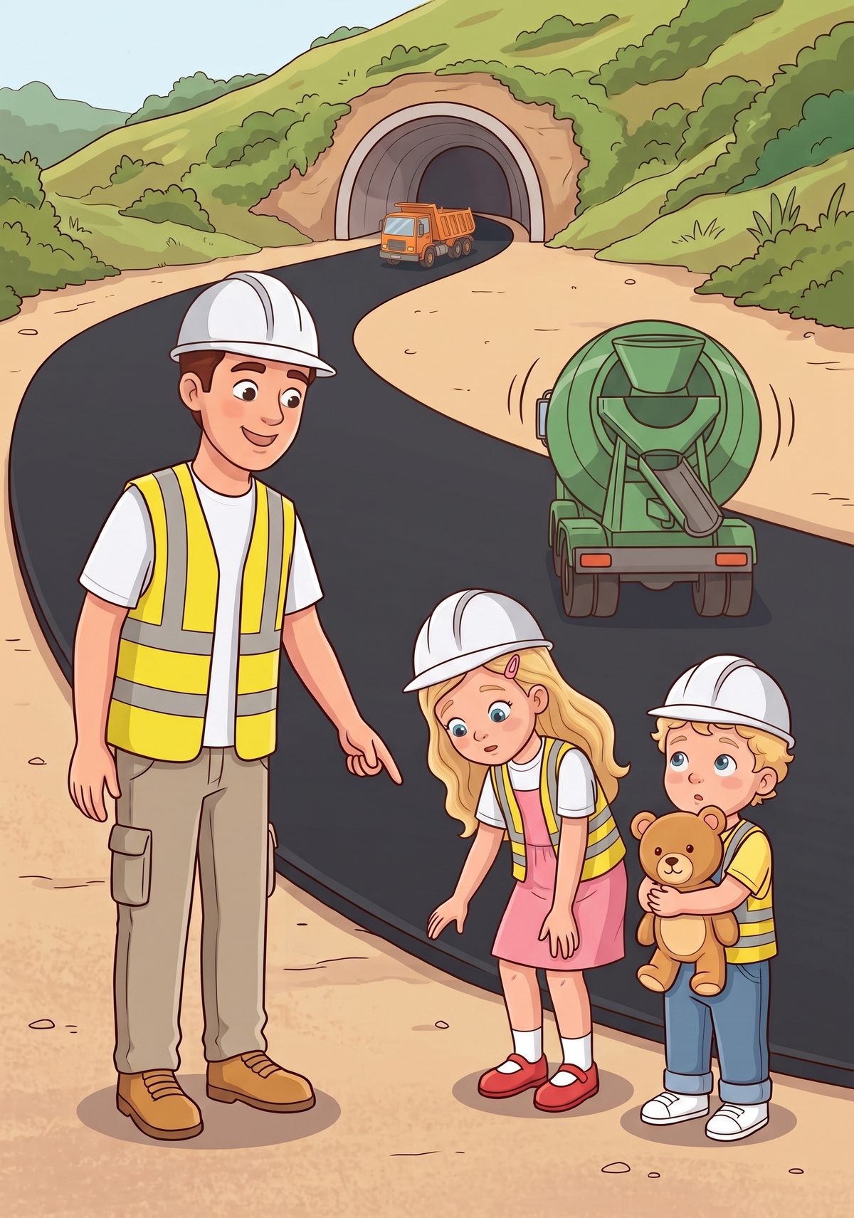 "We build long, smooth roads for cars to drive on," Daddy added, pointing to fresh tarmac, "and tunnels that go right...