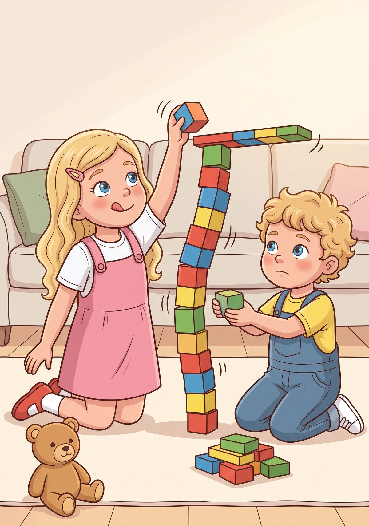 That afternoon, Lea was busy at home. With her colourful blocks she built the tallest, wobbliest, most wonderful bridge...