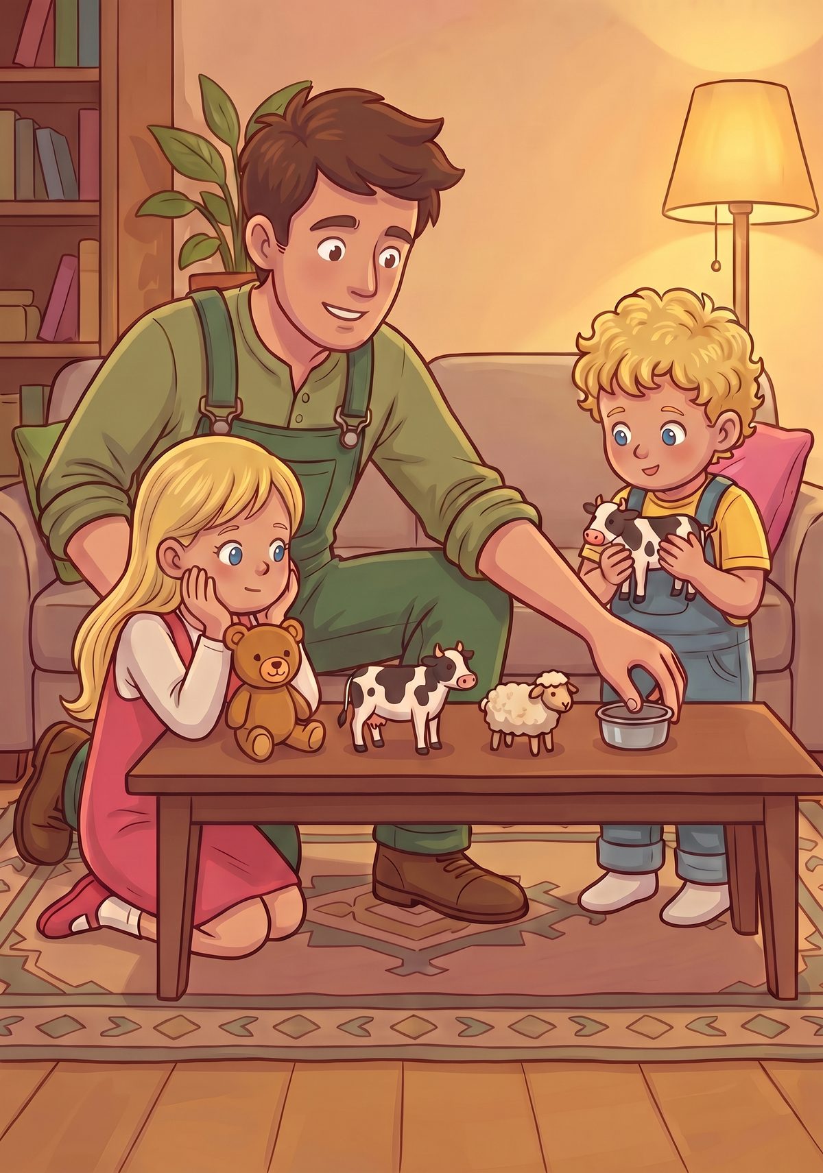 To show her, Daddy lined up Teddy and the toy cow and the little wooden sheep on the rug. "Everybody gets fed," he...