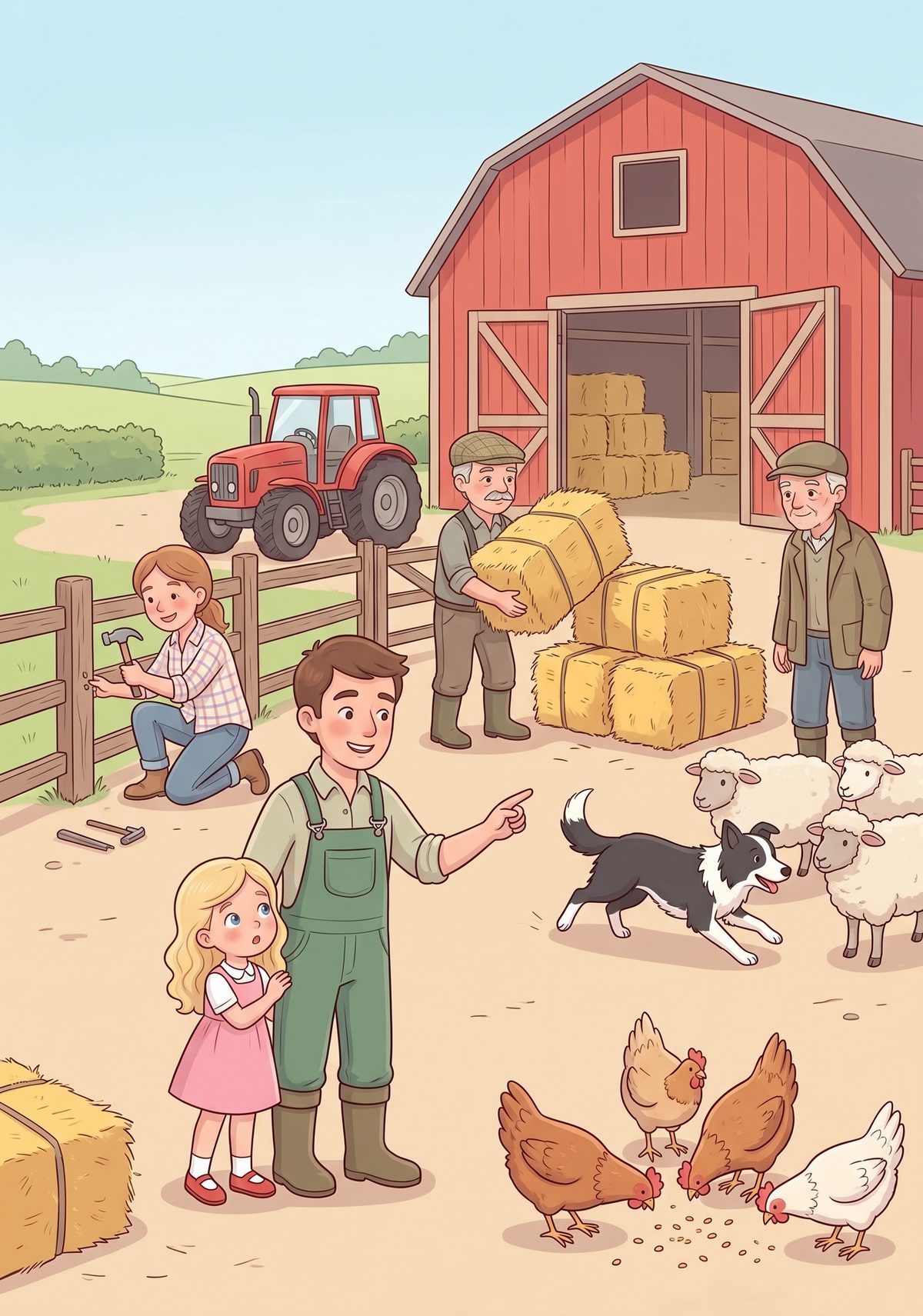Everybody had a job to do. There was a lady mending the fence, a man stacking hay bales, a clever black-and-white...