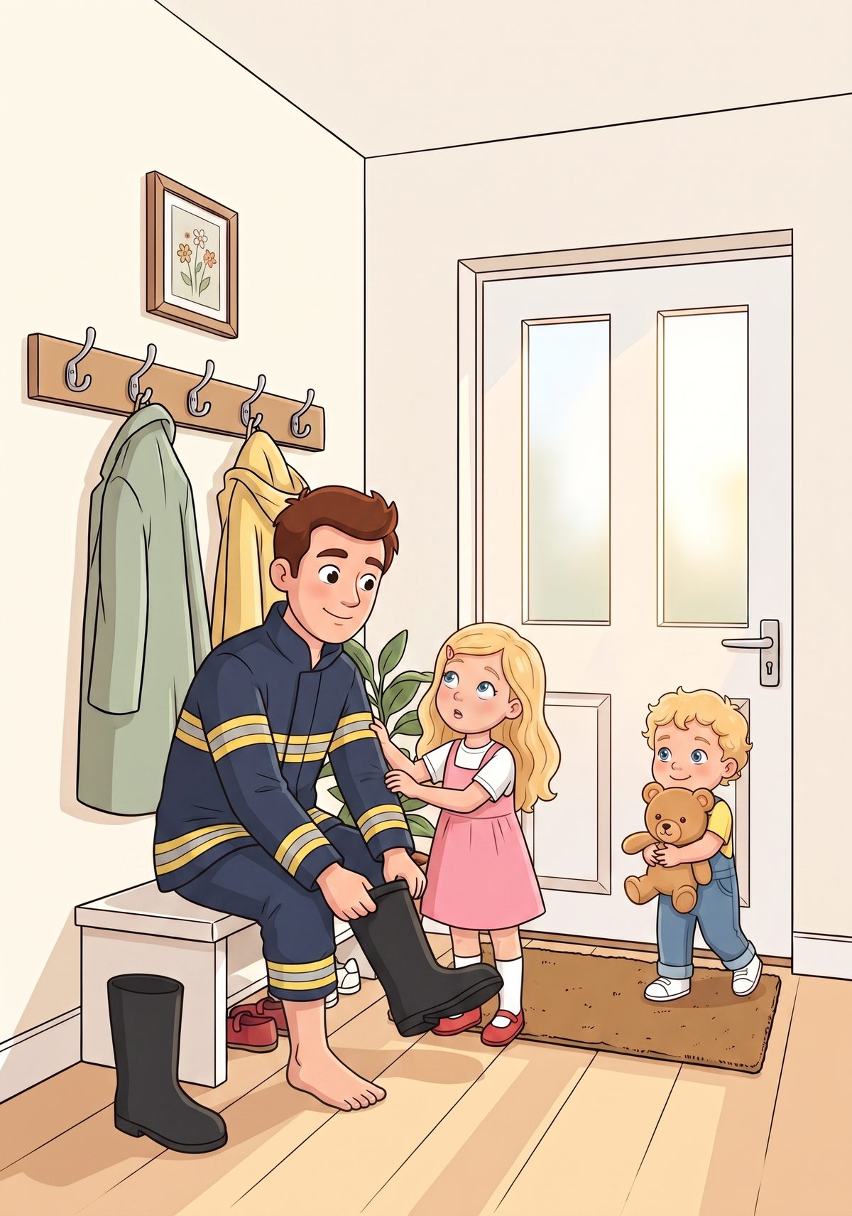 Lea loved asking questions. One bright morning, as her daddy pulled on his big black boots, she tugged on his jacket...