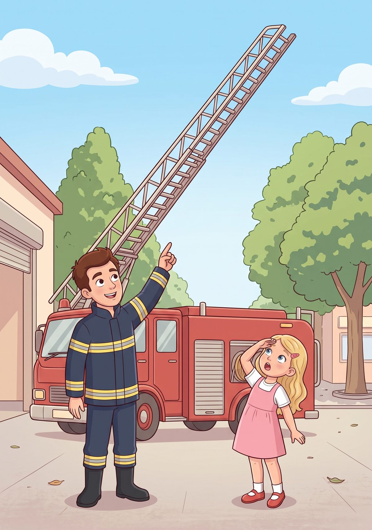 Then Daddy showed her the ladder on top of the engine. It stretched up and up, higher than the trees. "When someone is...