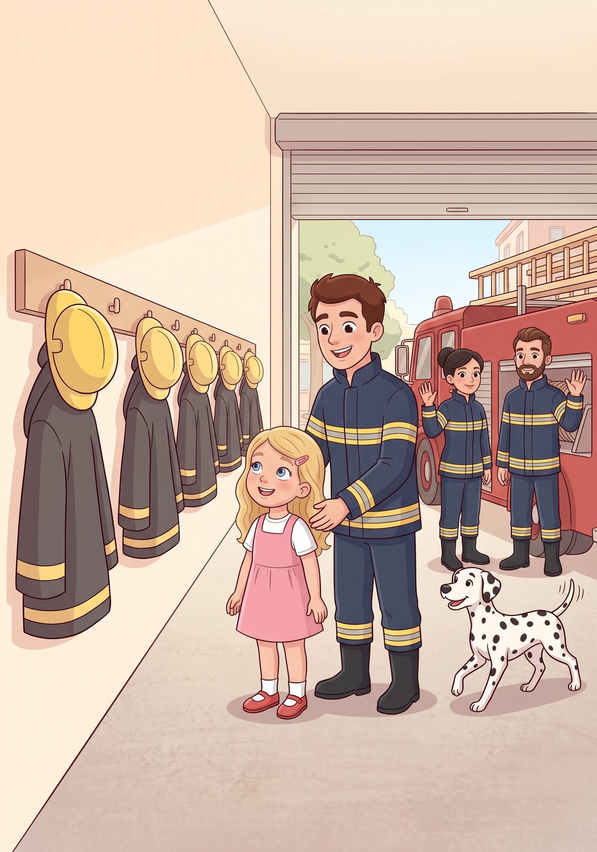 Along the wall hung rows of yellow helmets and heavy coats, all in a neat line. Daddy's friends waved hello, and a...