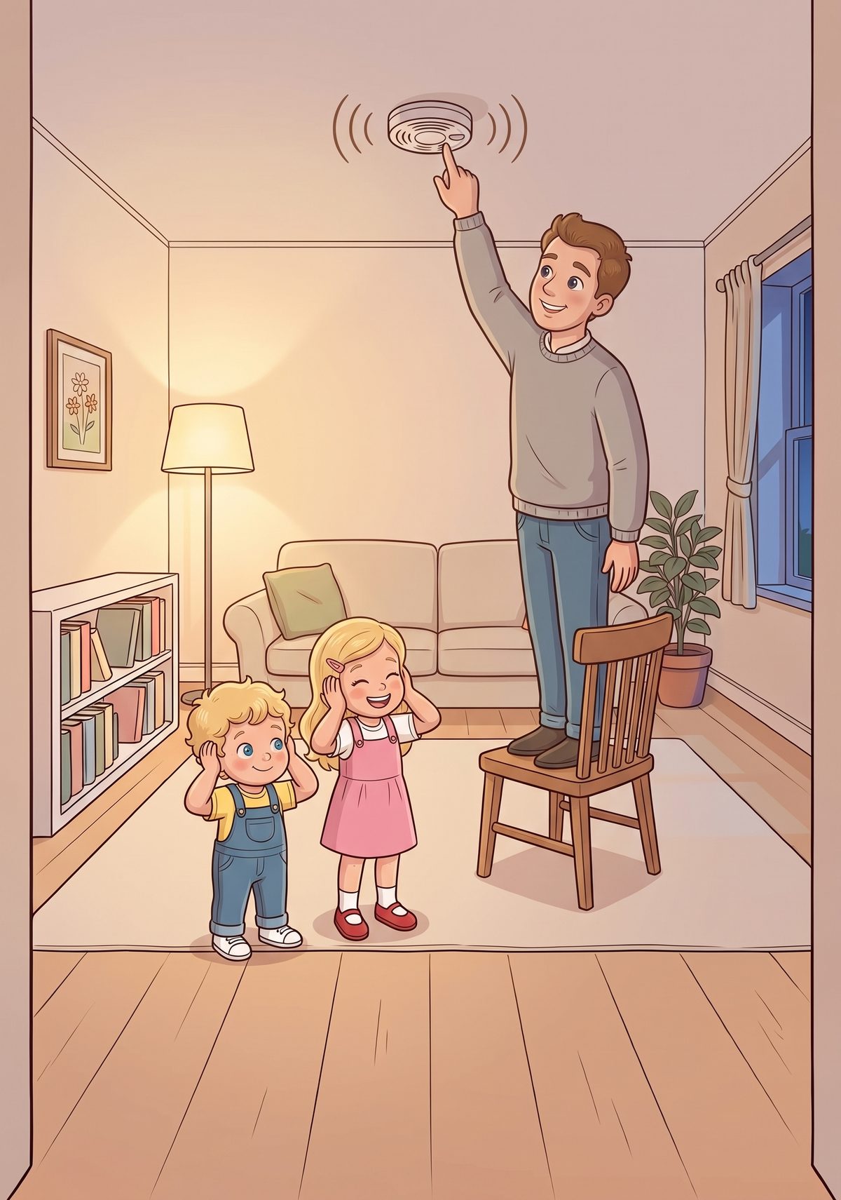 That evening, Daddy stood on a chair and pressed the button on the smoke alarm. Beep-beep-beep! Lea giggled and covered...