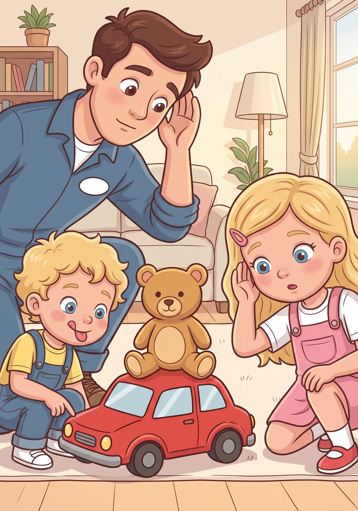 To show her, Daddy sat Teddy on a little toy car and listened to its wheels. "If a car makes a funny sound," he said...