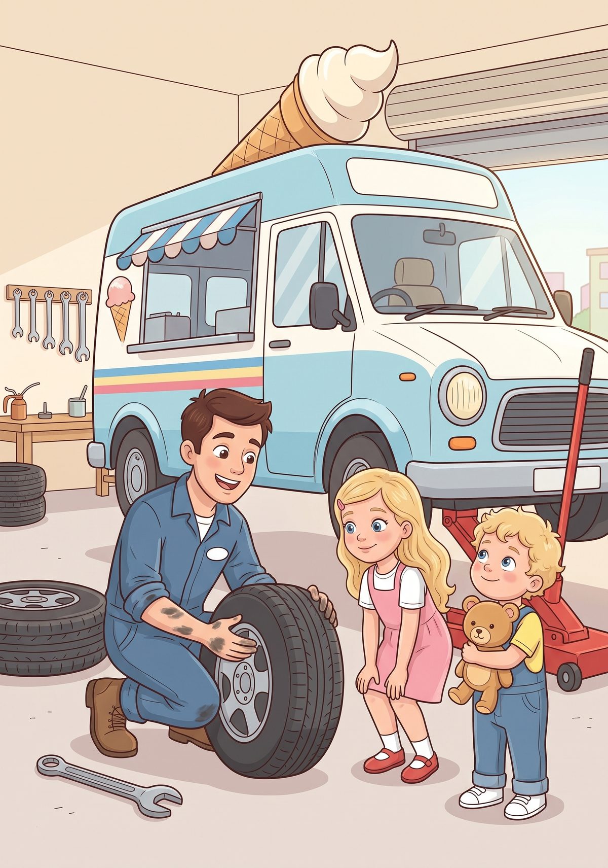Next, an ice cream van came in with a flat tyre. Daddy lifted it high up on a big jack and rolled the old tyre away. He...