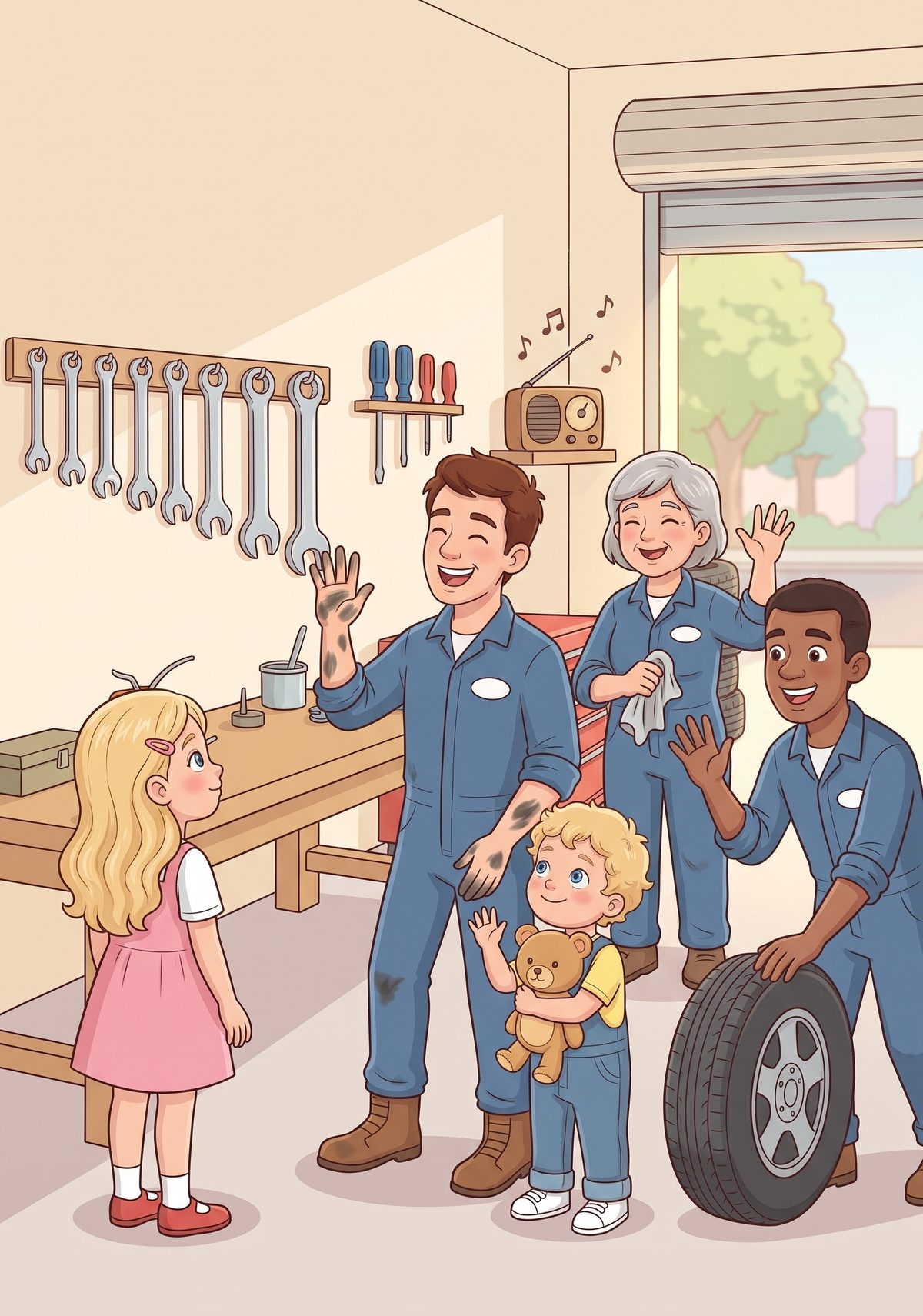 Along the wall hung rows of shining spanners, all in a neat line from smallest to biggest. Daddy's workmates waved...