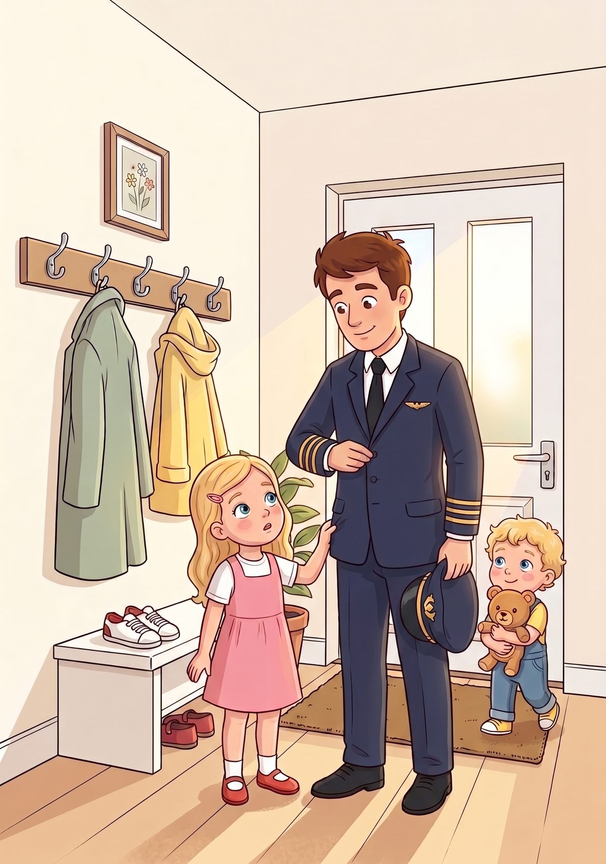 Lea loved asking questions. One morning, as her daddy buttoned his navy jacket with the gold stripes on the sleeves and...