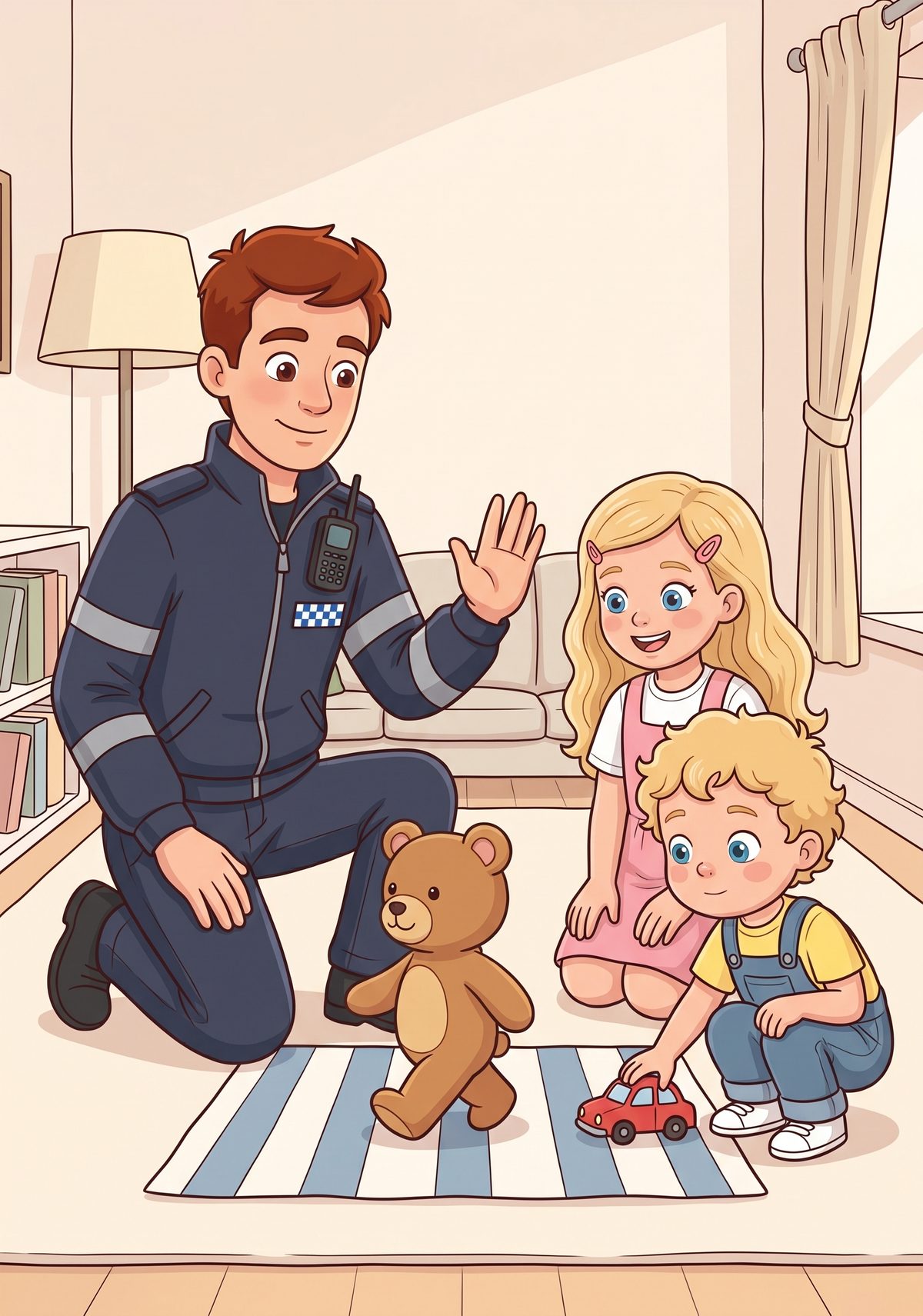 To show her, Daddy laid a stripy tea towel across the rug like a crossing. He held up one hand, and Teddy walked safely...