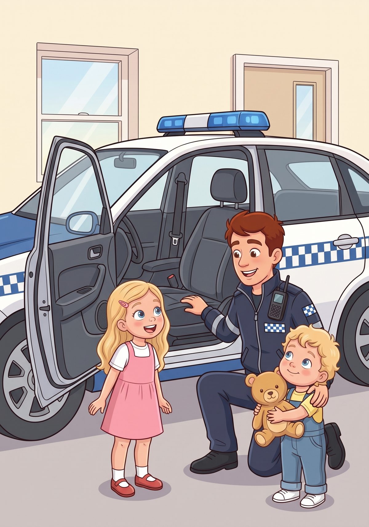 Outside stood the patrol car, shiny and clean, with blue lights on the top and a checked stripe along each side. Daddy...