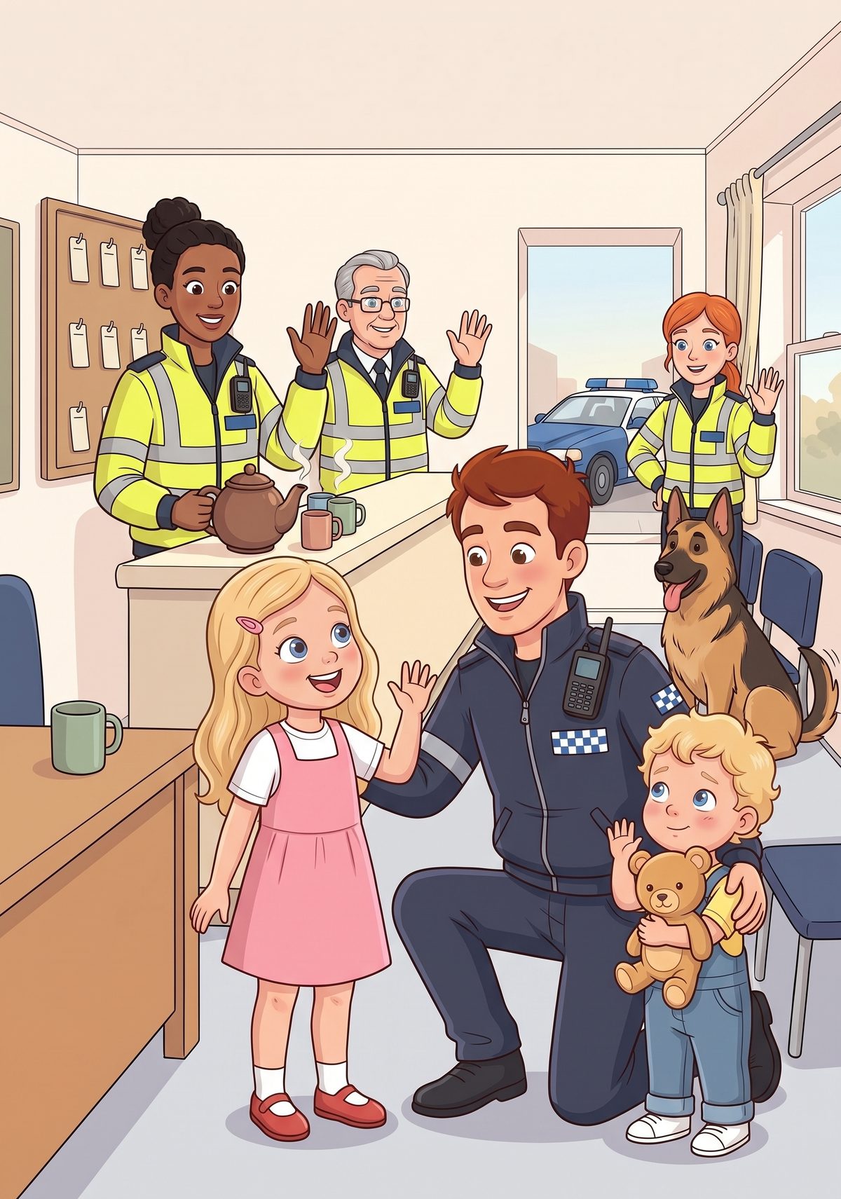 Inside the station everybody waved. There were officers in high-visibility jackets, a big friendly dog with a waggy...