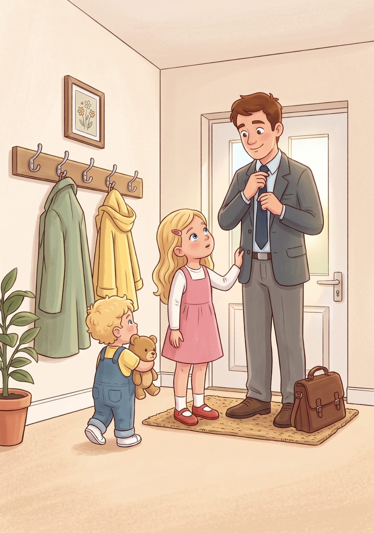 Lea loved asking questions. One morning, as her daddy knotted his tie and picked up his brown leather bag, she tugged...