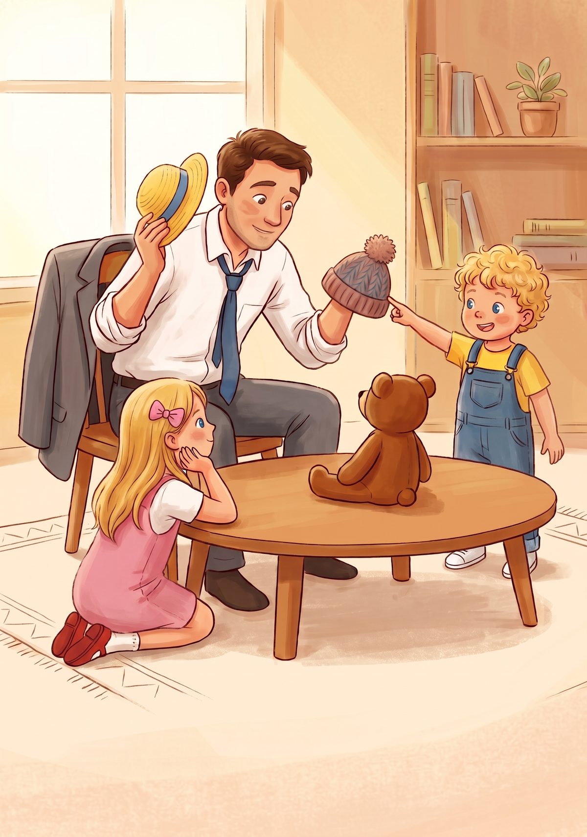To show her, Daddy sat Teddy on the table and held up two little hats. "Which one keeps you warmest, Teddy?" he asked...