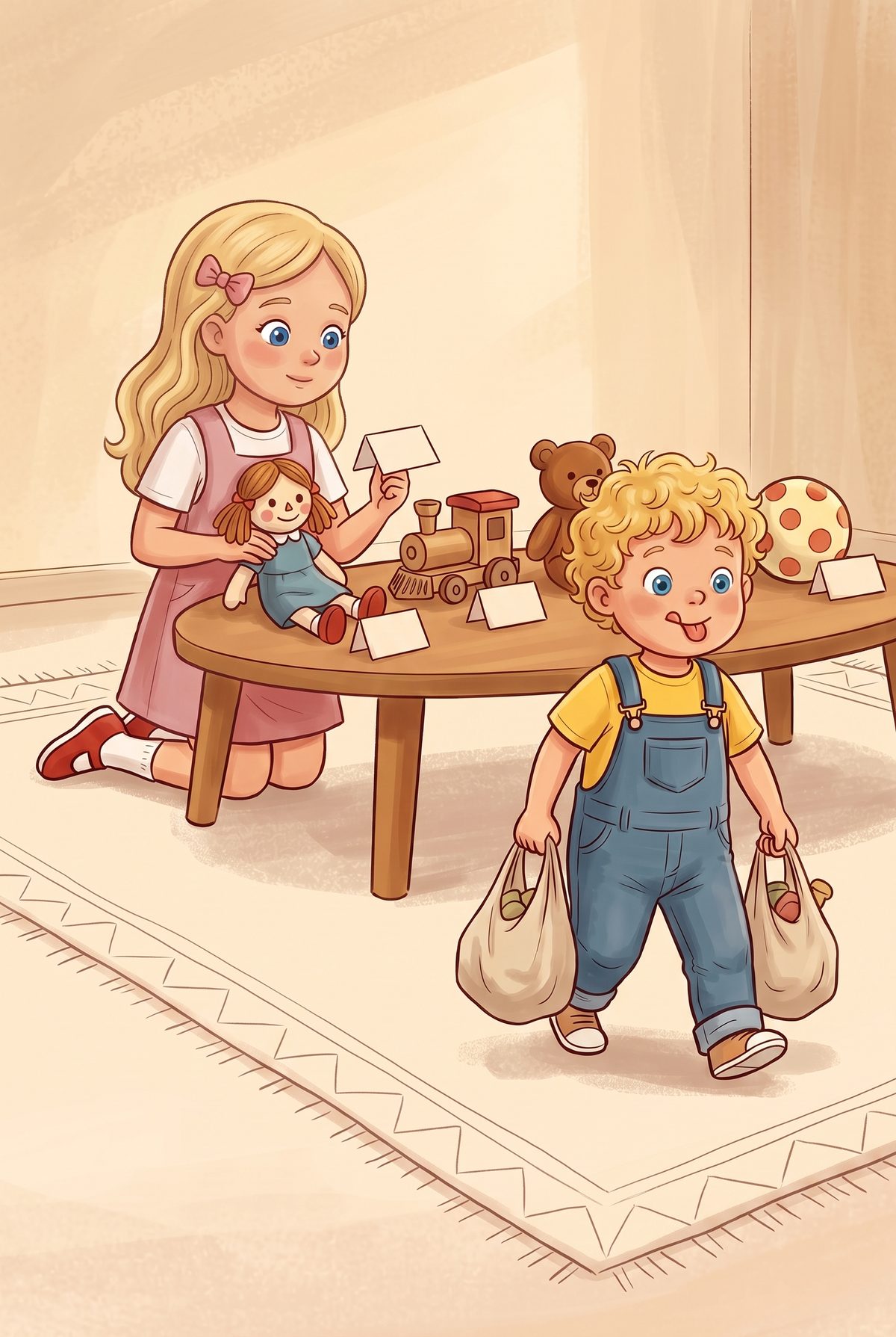 When she got home, Lea opened her own little shop. She lined up her toys on the rug, gave each one a paper price tag...