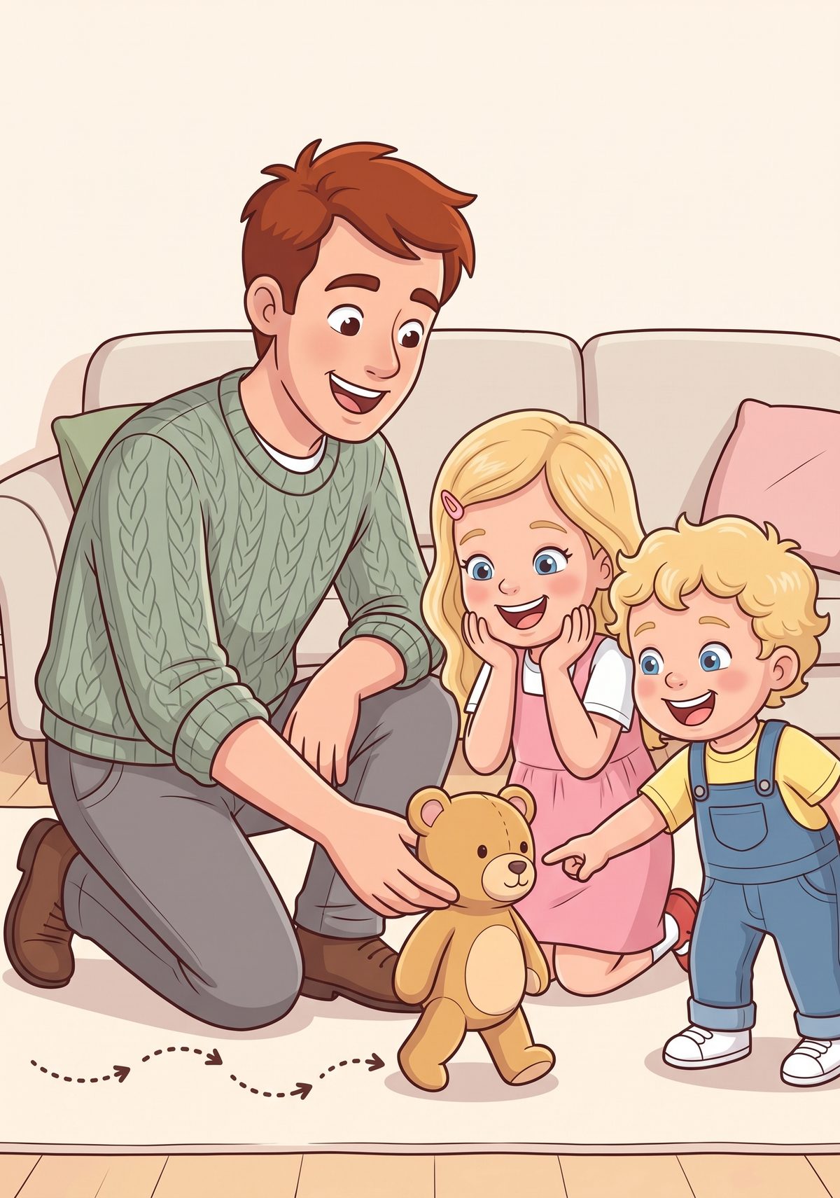 To show her, Daddy lined Teddy up at one end of the rug. "Two steps forward. Turn. One step forward," he said, moving...
