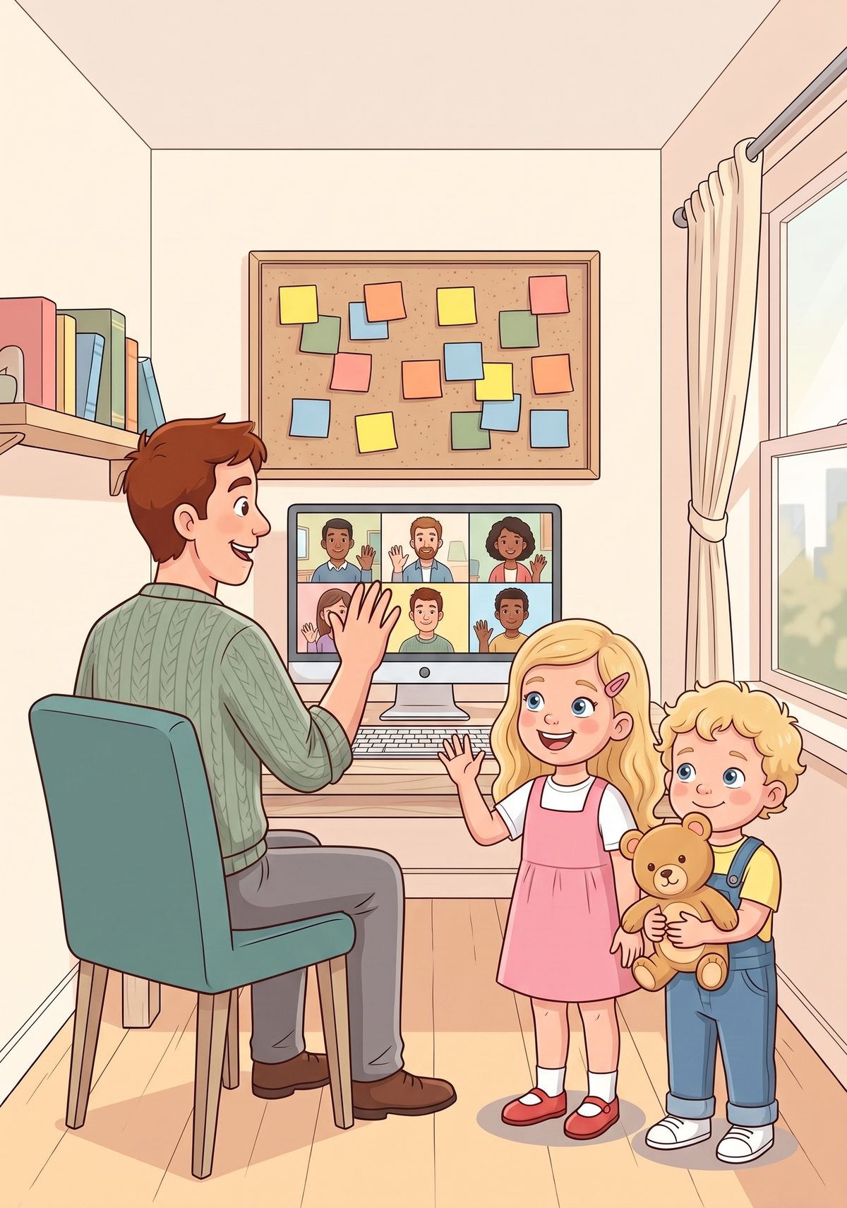 On the wall behind him were rows of bright sticky notes, and a video call full of smiling faces from all over the...