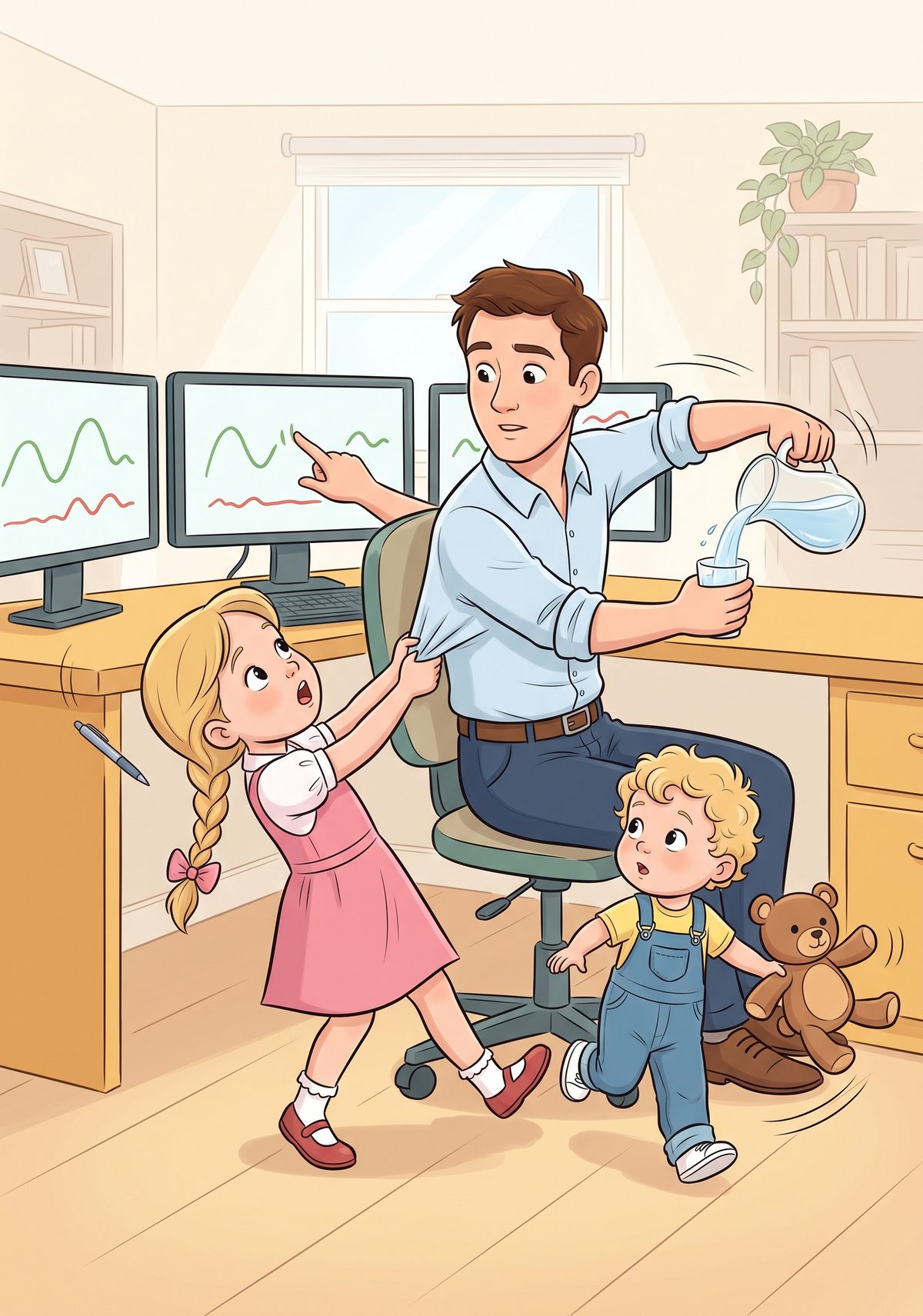 Lea loved asking questions. One morning, as her daddy switched on his screens and poured himself a glass of water, she...