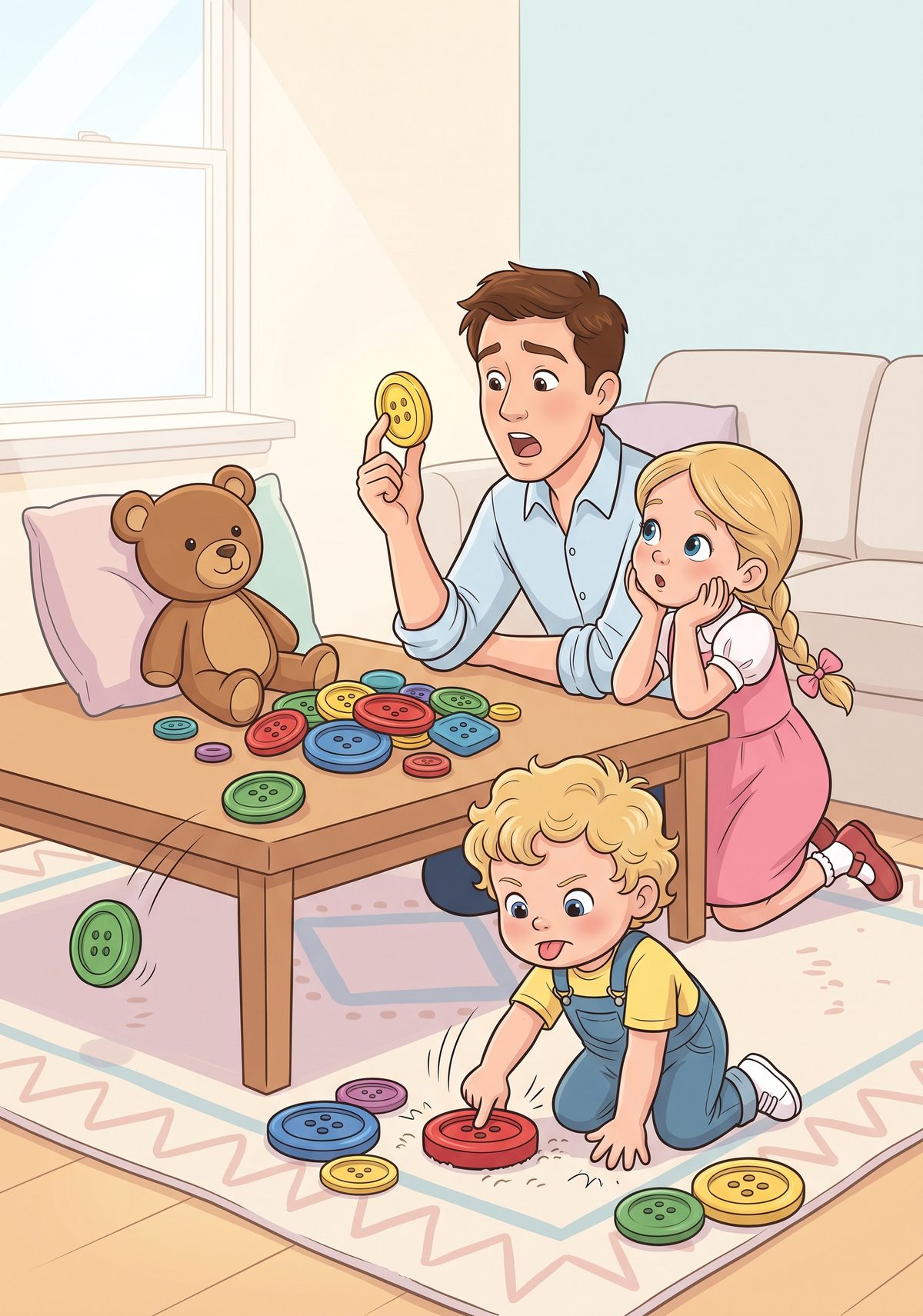 To show her, Daddy gave Teddy ten shiny buttons. "If Teddy plants one button today," he said, "in a year he might have...