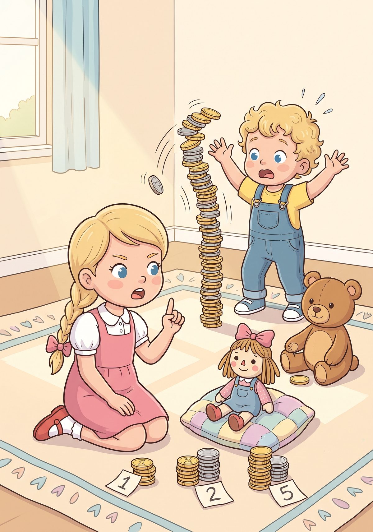 When she got home, Lea opened her own little bank. She sorted her coins into three neat piles, wrote a wobbly number...