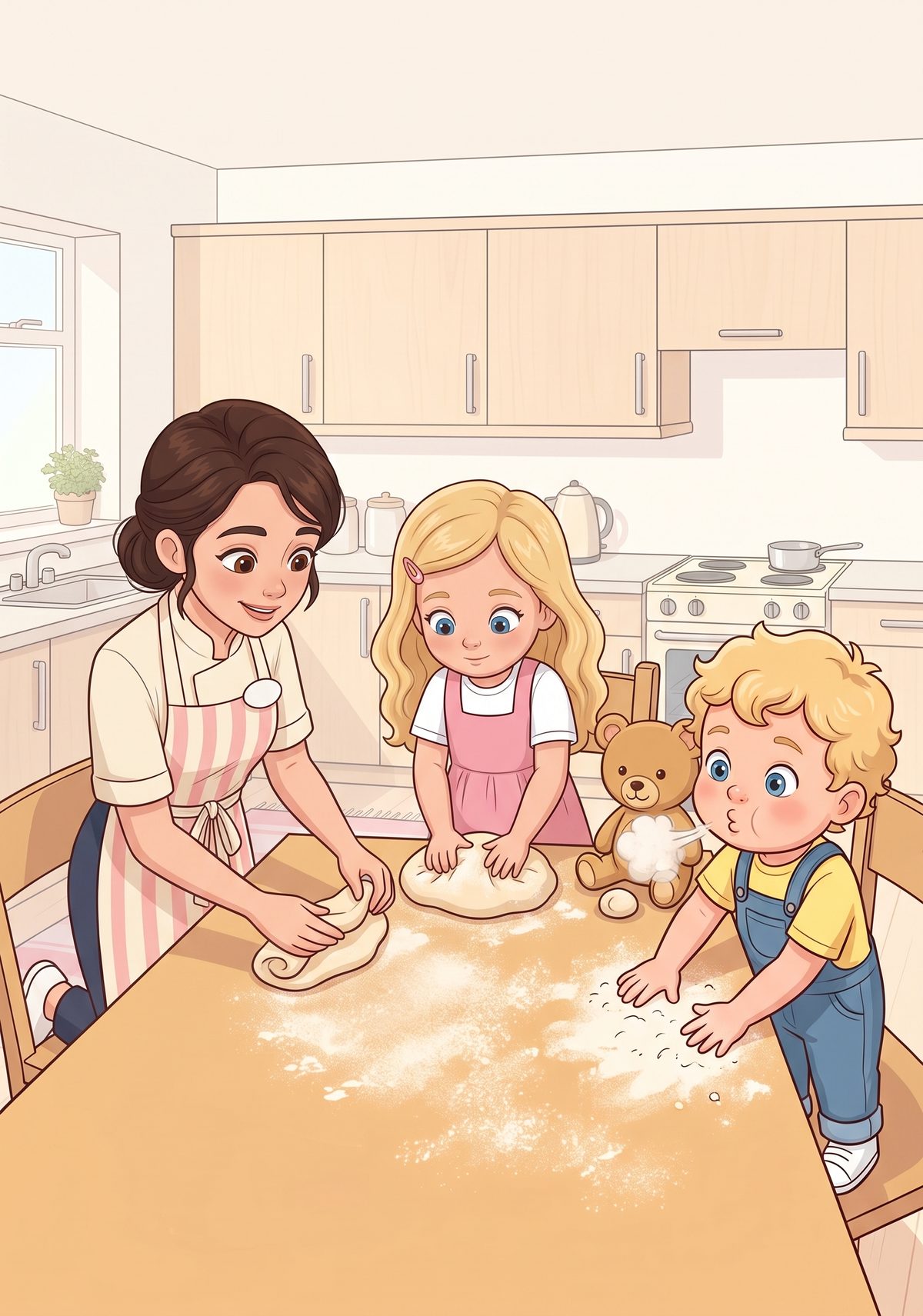 To show her, Mummy put a small lump of dough on the kitchen table and sat Teddy up beside it. It felt cool and squishy...
