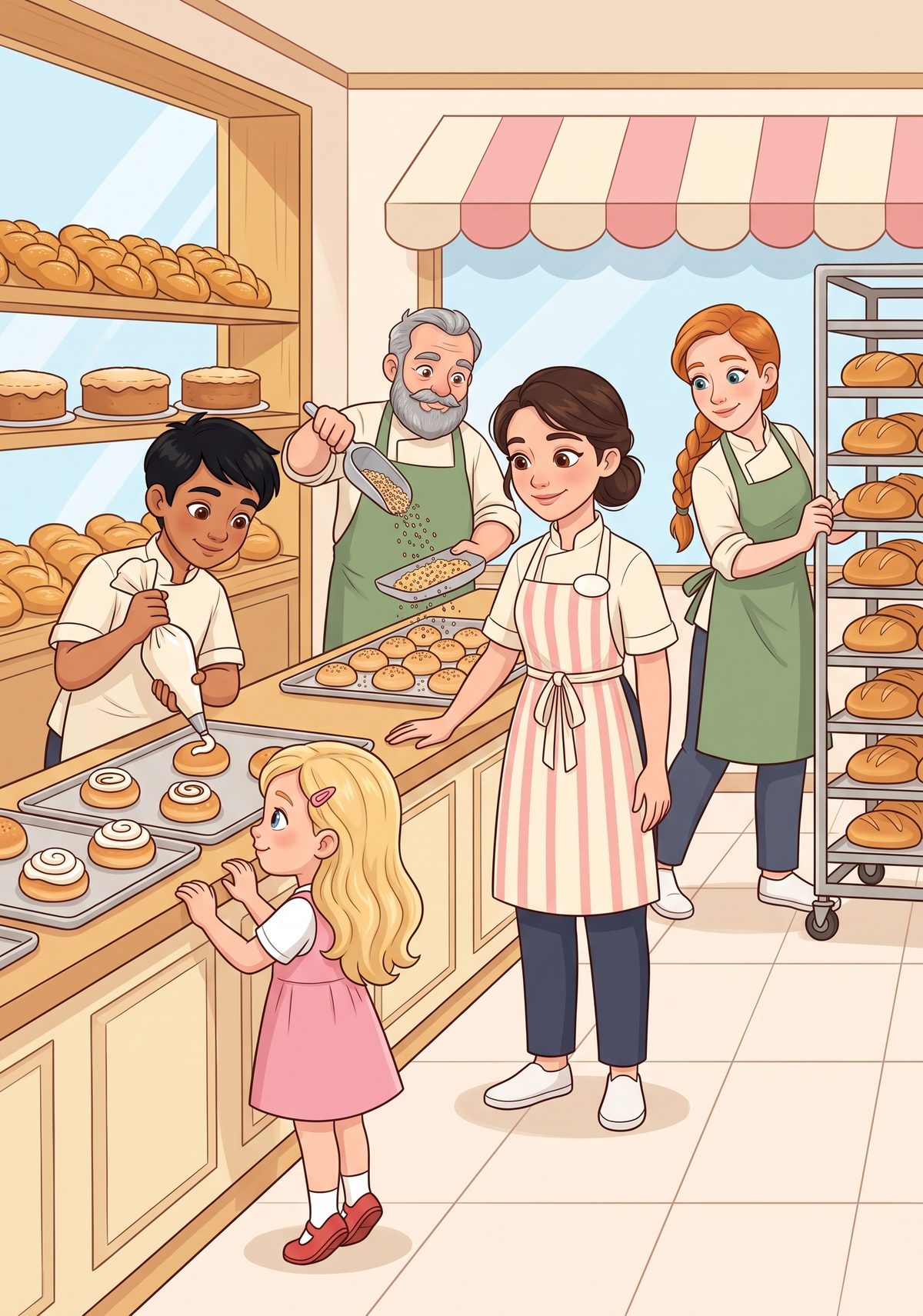 Out at the front of the shop, everybody had a job to do. One baker piped swirls of icing onto a tray of buns. One...