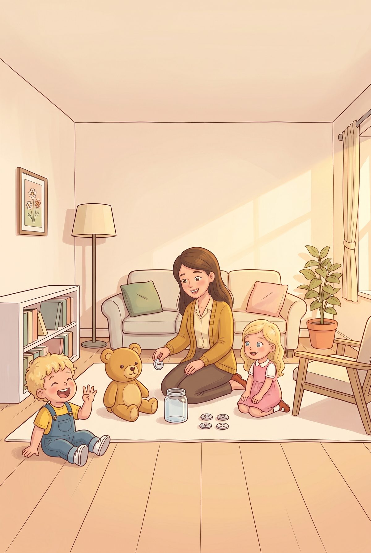 To show her, Mummy gave Teddy a little jar and five shiny buttons. "One, two, three, four, five," she counted, dropping...