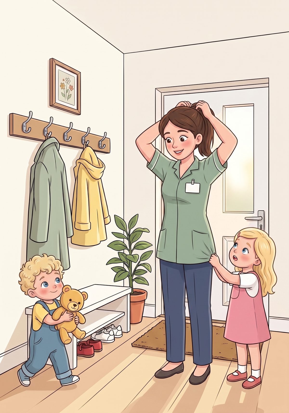 Lea loved asking questions. One morning, as her mummy tied back her hair and clipped on her name badge, Lea tugged on...