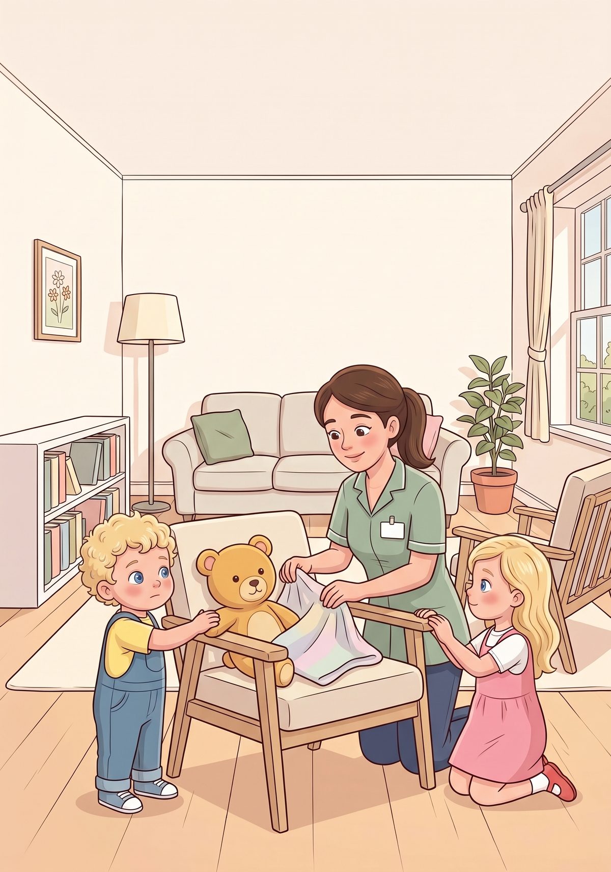 To show her, Mummy tucked Teddy into a chair and laid a small blanket over him. "I make people comfortable, just like...