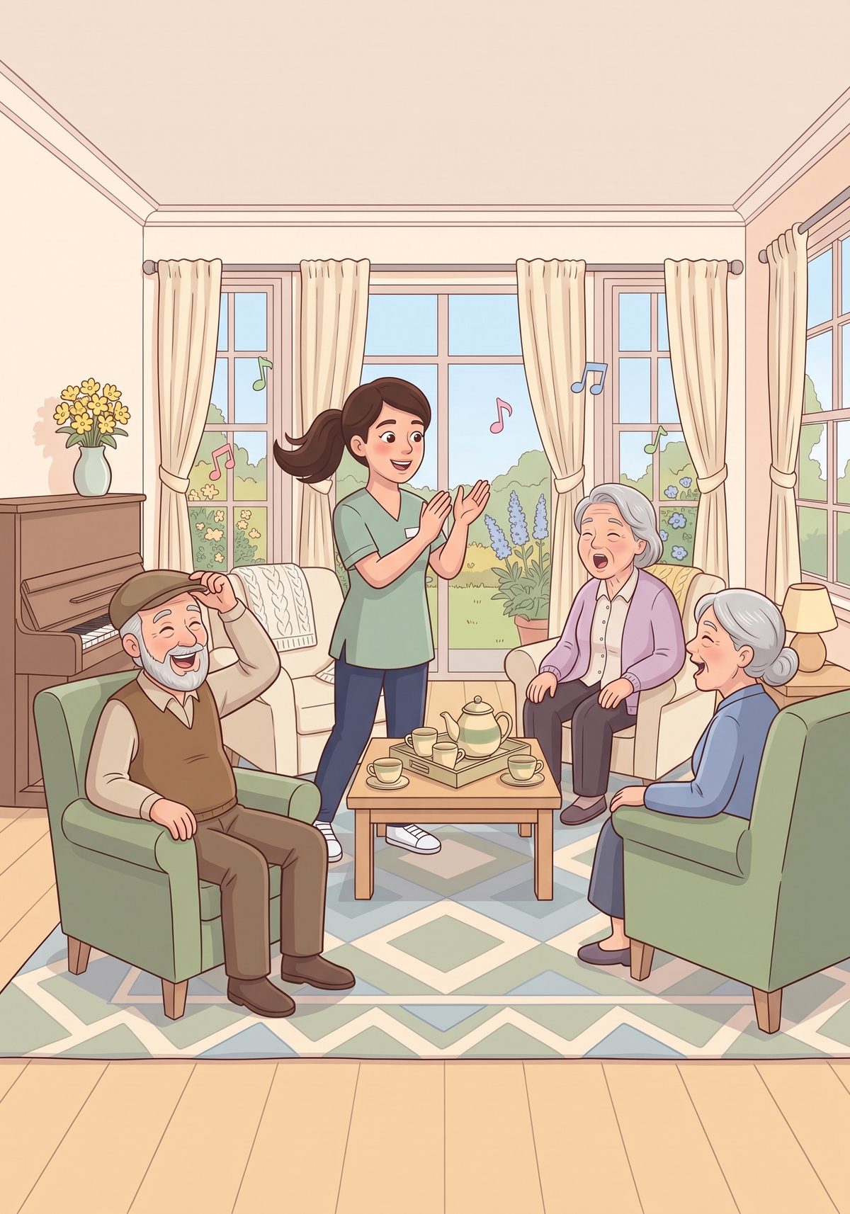 In the afternoon, the big room filled with music. Mummy clapped along while everyone sang the old songs they knew best...