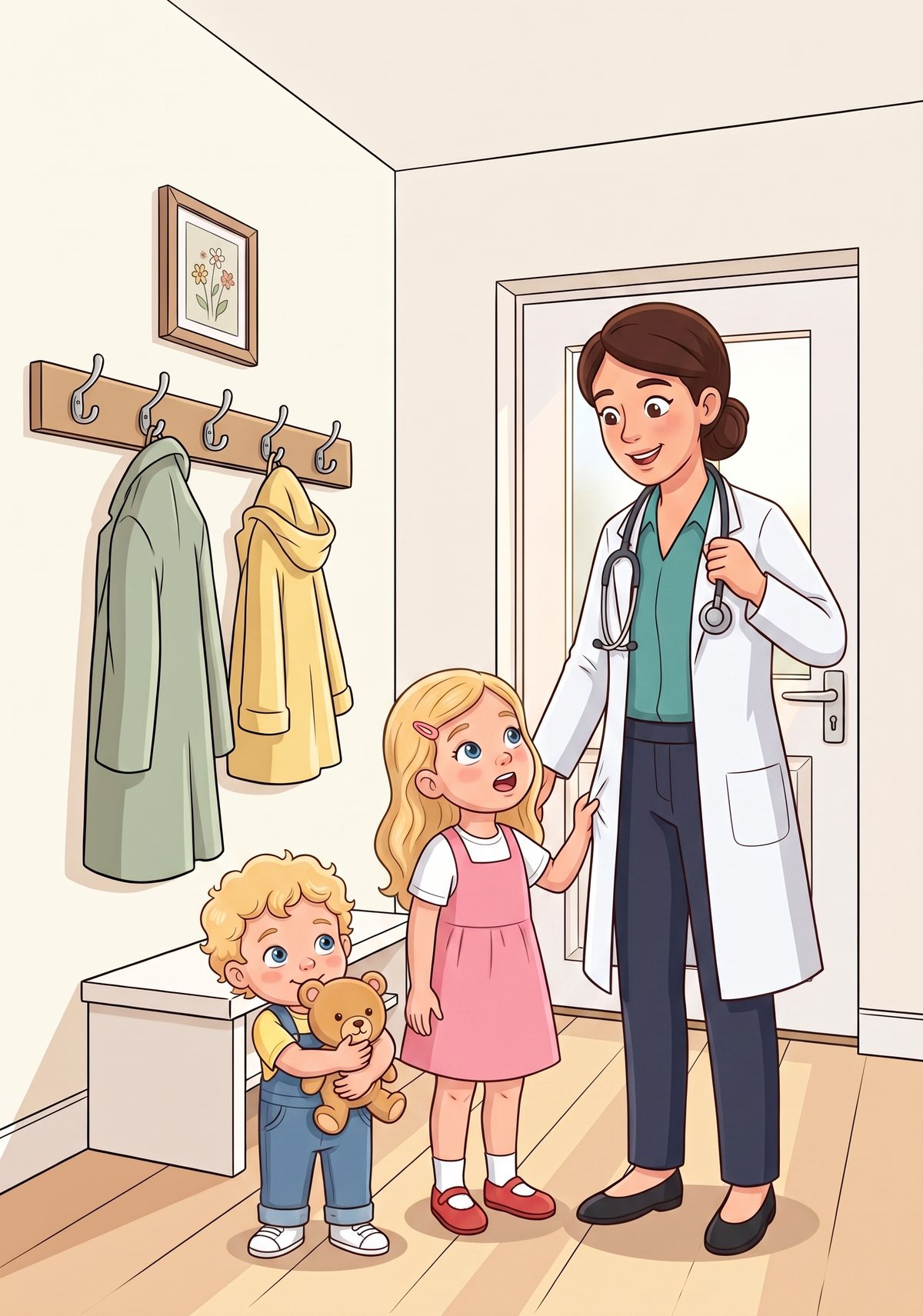 Lea loved asking questions. One morning, as her mummy pulled on her long white coat and hung her stethoscope round her...