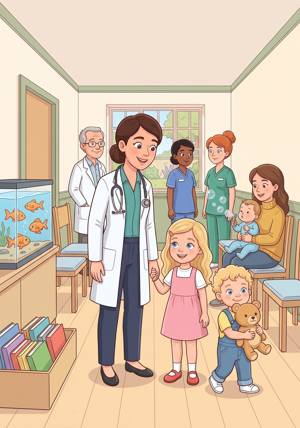 Out in the waiting room, everybody knew Mummy. There were other doctors and nurses, a fish tank with orange fish, a box...
