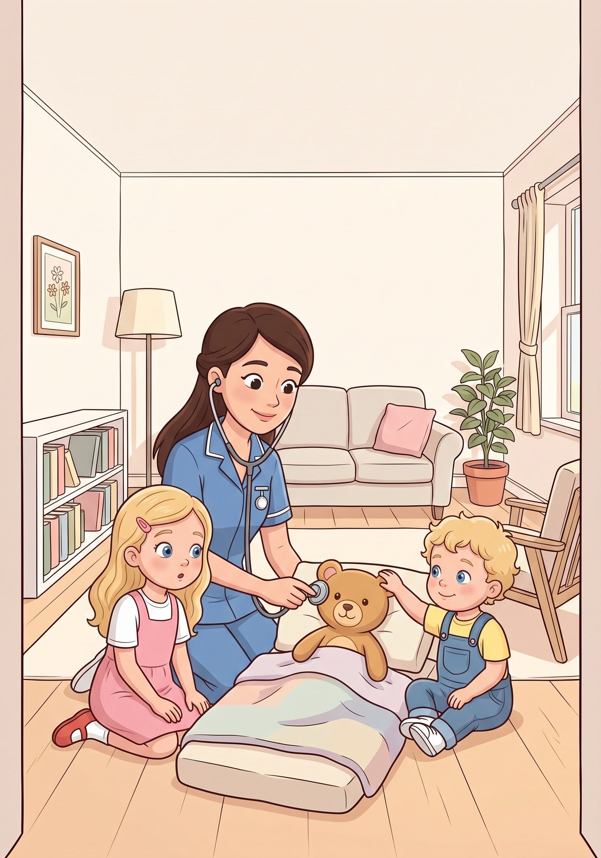 To show her, Mummy tucked Teddy into a little bed made of cushions and listened to his tummy with her stethoscope...