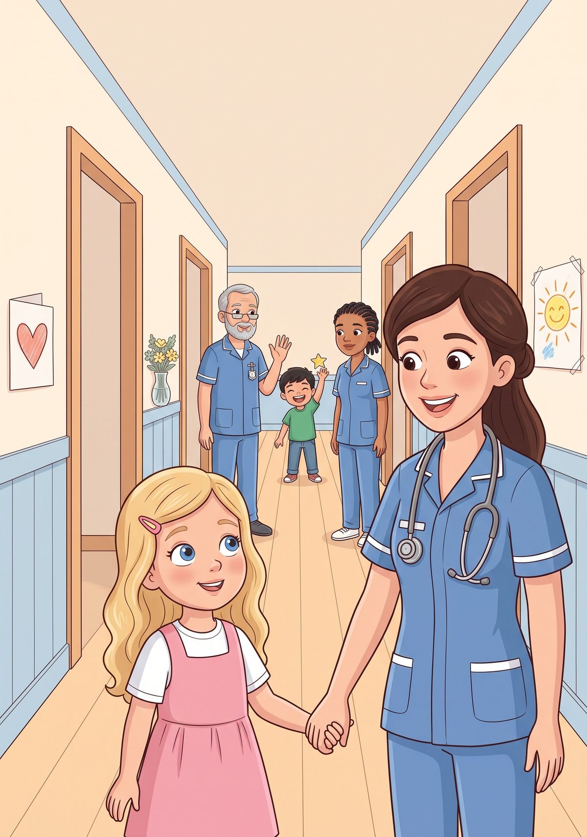 Along the corridor, nurses hurried by, and everybody waved to Mummy. In the window of every room there was a card, or a...
