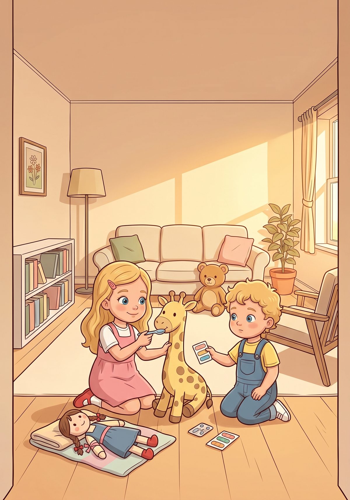 When she got home, Lea opened her own little hospital. She bandaged Dolly's arm with a ribbon, gave Mr Giraffe a...