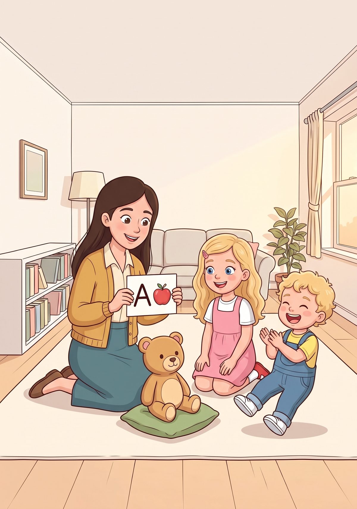 To show her, Mummy sat Teddy on a cushion and held up a card with a big letter A. "A is for apple," she said. "Well...