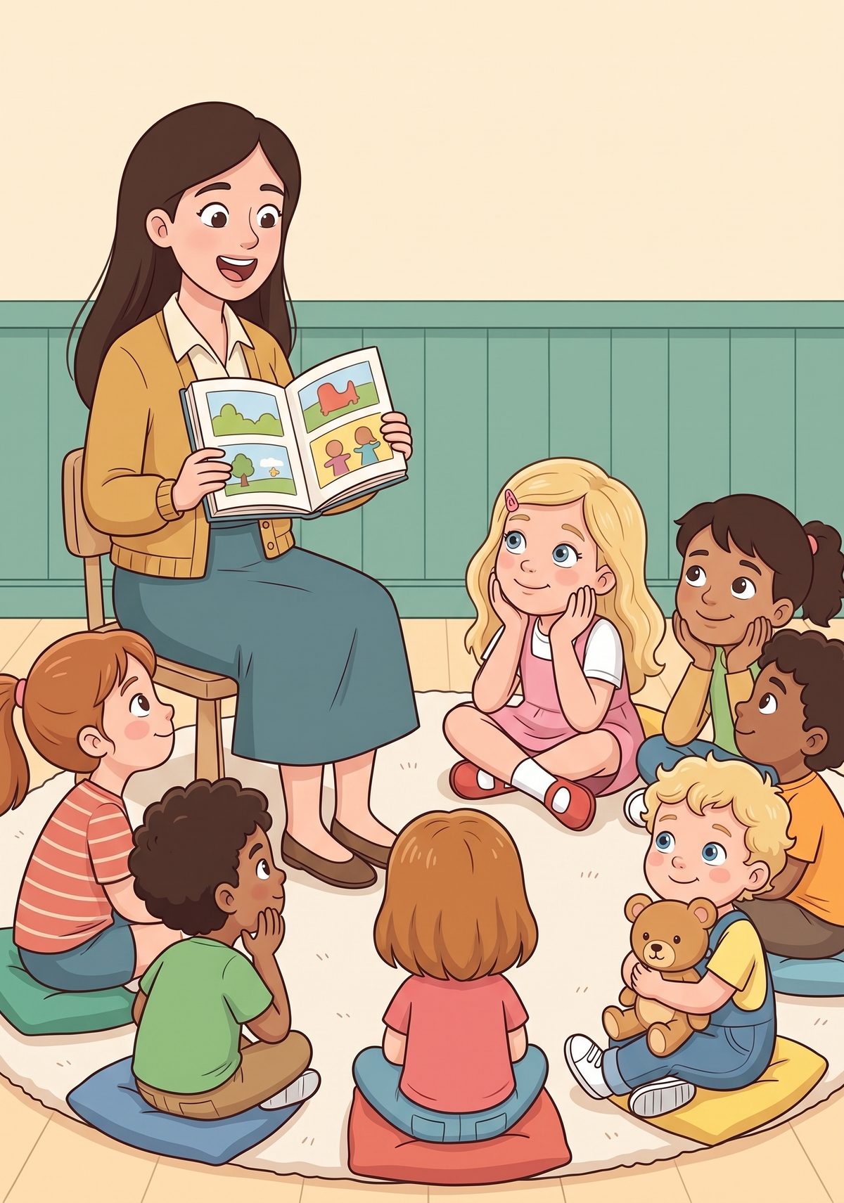 At story time, everyone sat on the carpet. Mummy read in all the voices — the little ones and the great big rumbly ones...