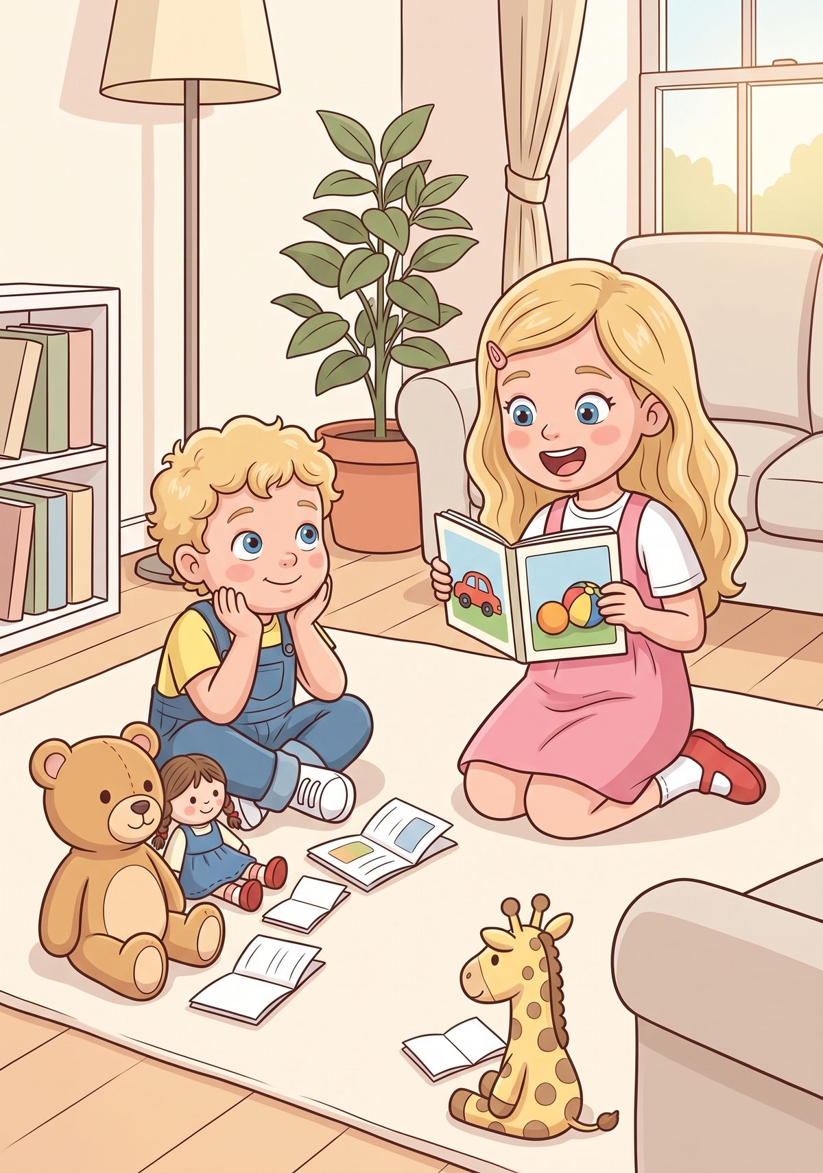 When she got home, Lea opened her own little school. She lined up her toys on the rug, gave each one a paper book, and...