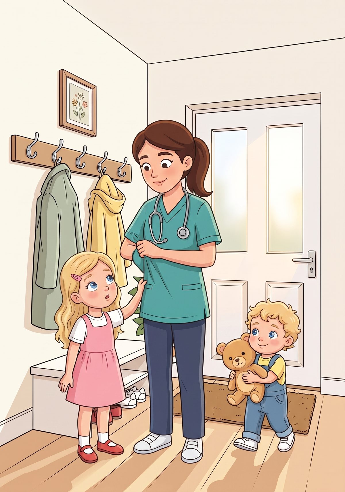 Lea loved asking questions. One morning, as her mummy pulled on her teal top and hung her stethoscope round her neck...