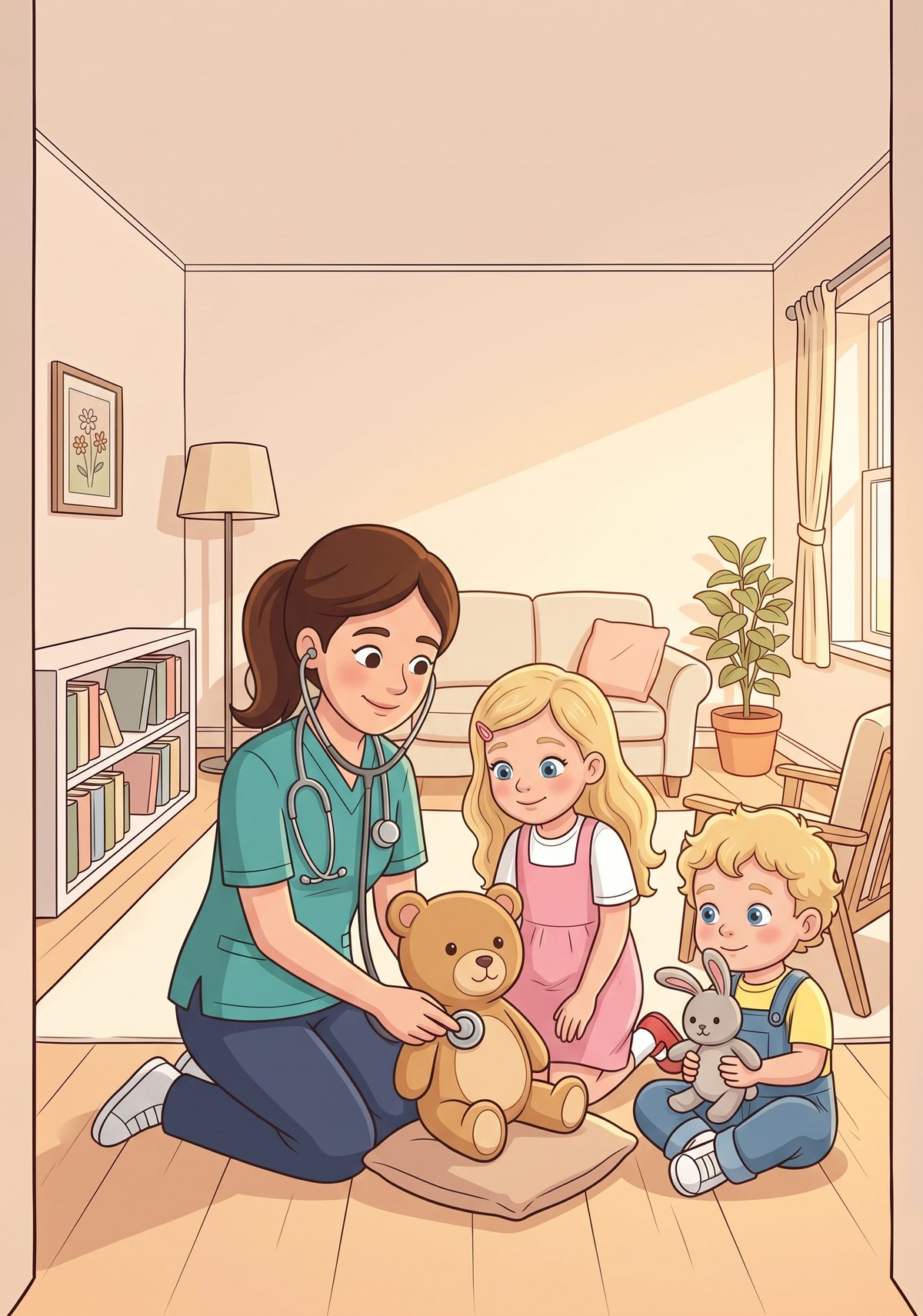 To show her, Mummy sat Teddy on a cushion. She listened to his tummy, looked in his ears and gently felt each paw...
