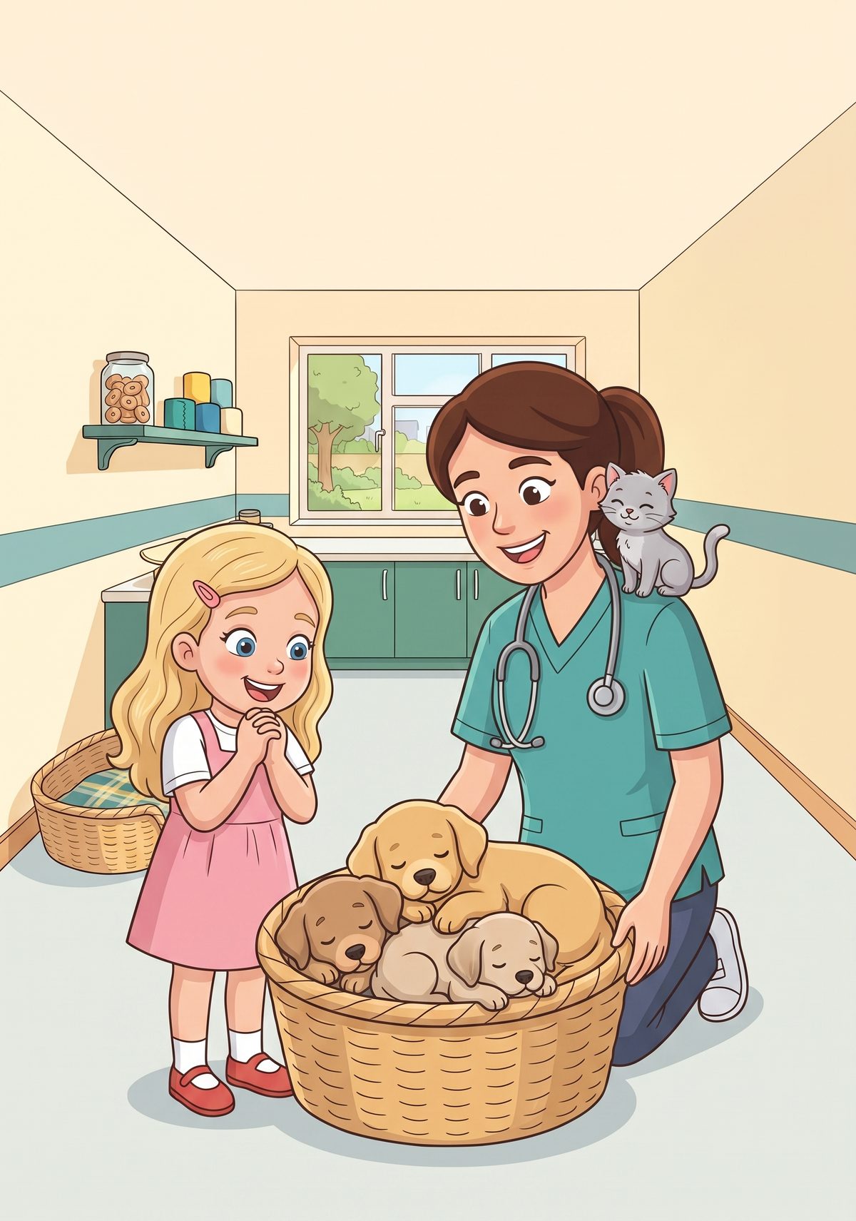 Next door, a basket of puppies was fast asleep in a wriggly heap. A small grey kitten climbed straight up Mummy's arm...