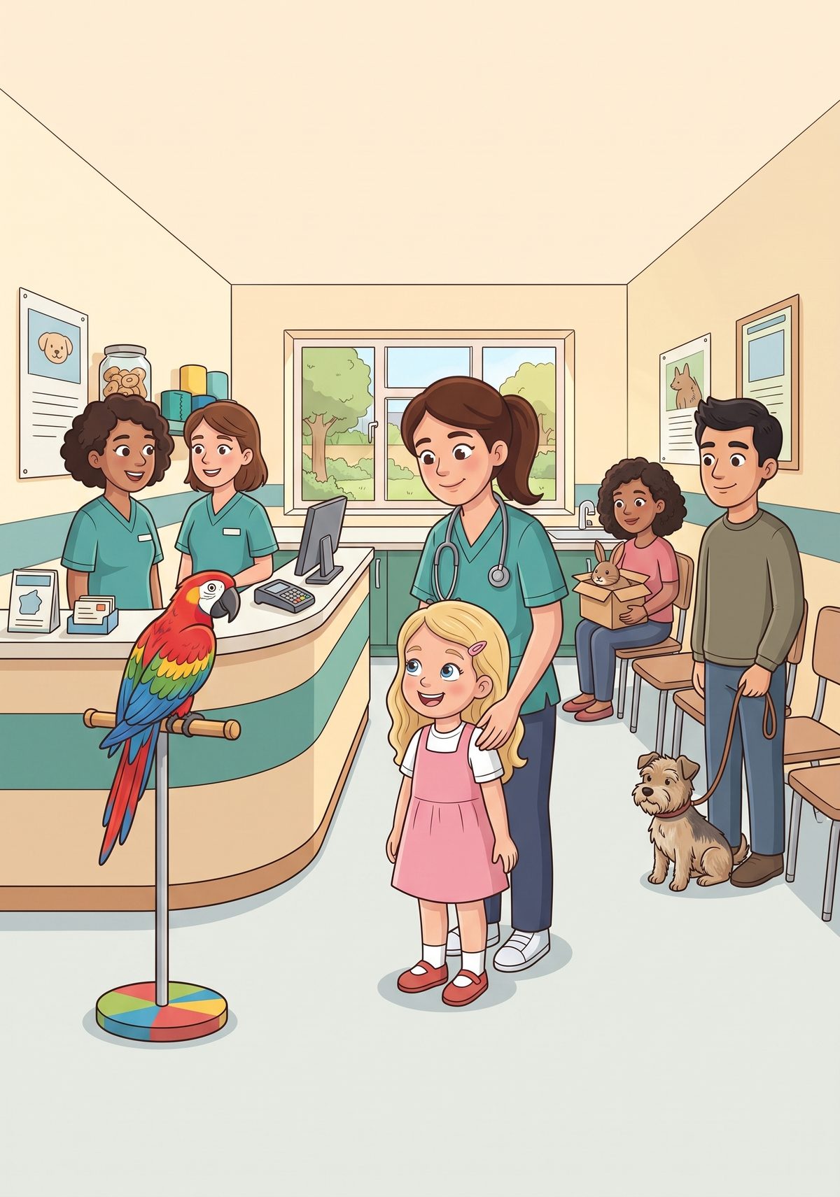 Out at the front, everybody was busy. There were vets and nurses in teal, a rabbit in a cosy box, a parrot who turned...
